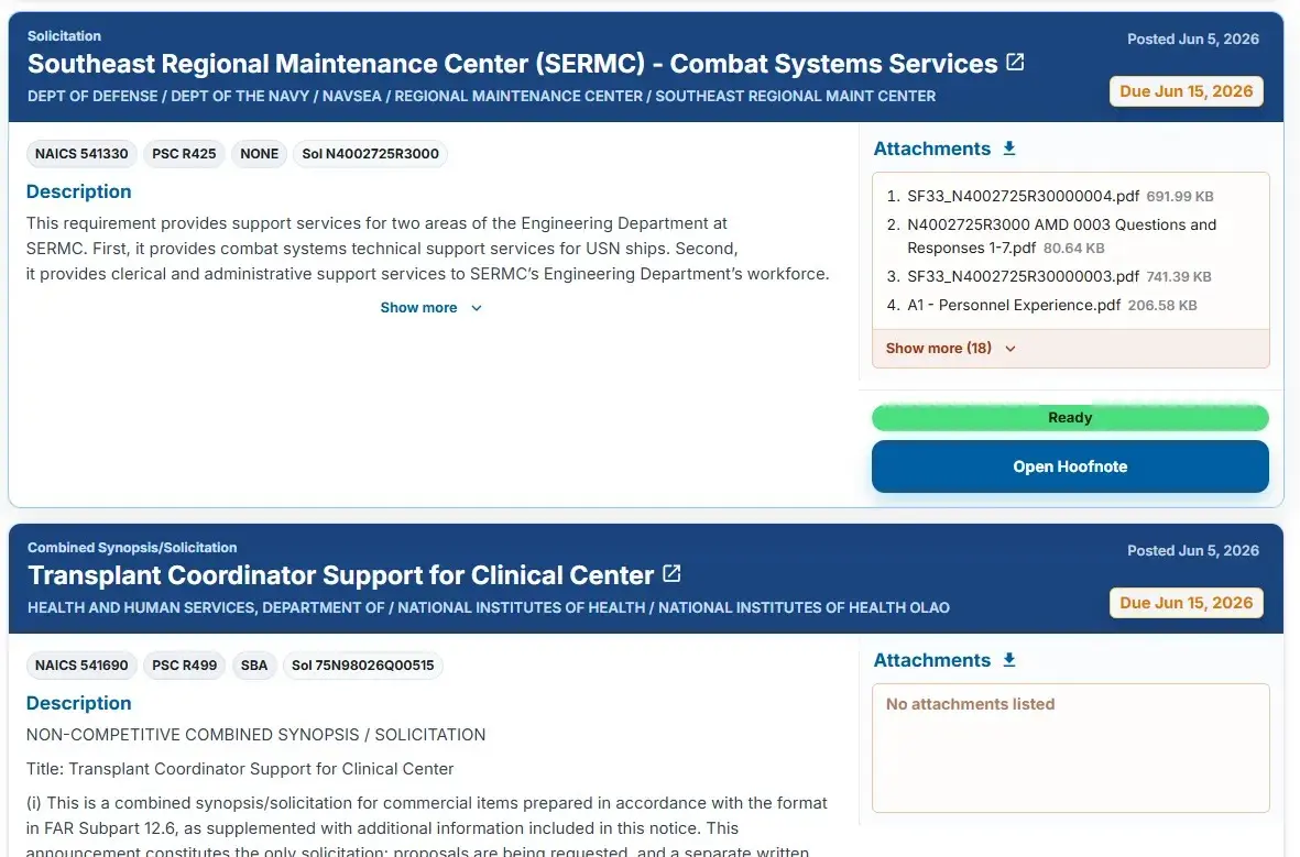 askaGOAT built-in SAM.gov opportunity feed showing federal RFP cards with agency, NAICS, due dates, set-aside tags, and Run Hoofnote buttons.