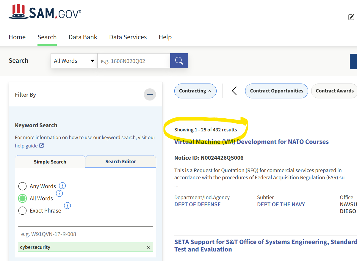 Keyword Search on SAM.gov yields over 400 results