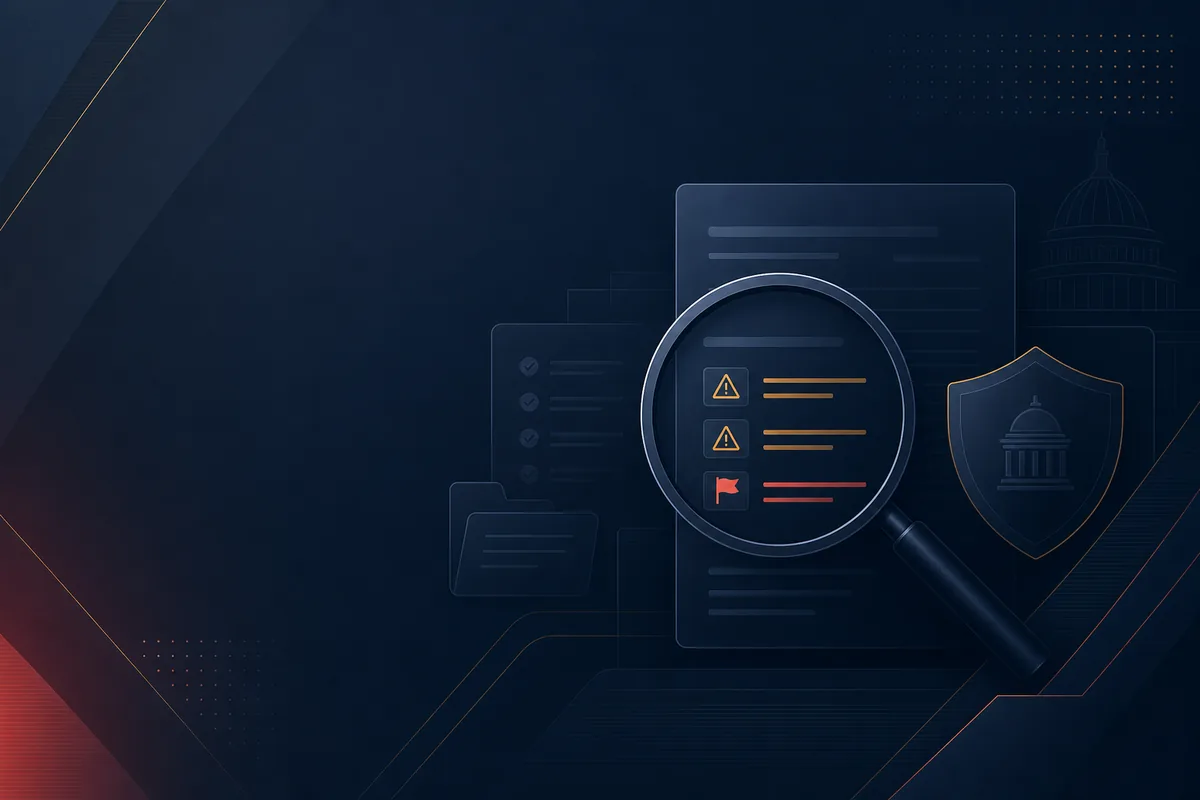 Stylized federal RFP triage theme: dark professional banner with caution accents for influence-risk and red-flag screening